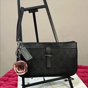 Guess Black Wristlet with Pink Floral Charm